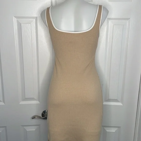 CRESCENT CONTRASTING TRIM RIBBED BODYCON TANK MIDI DRESS BEIGE & WHITE SIZE S - Picture 10 of 12